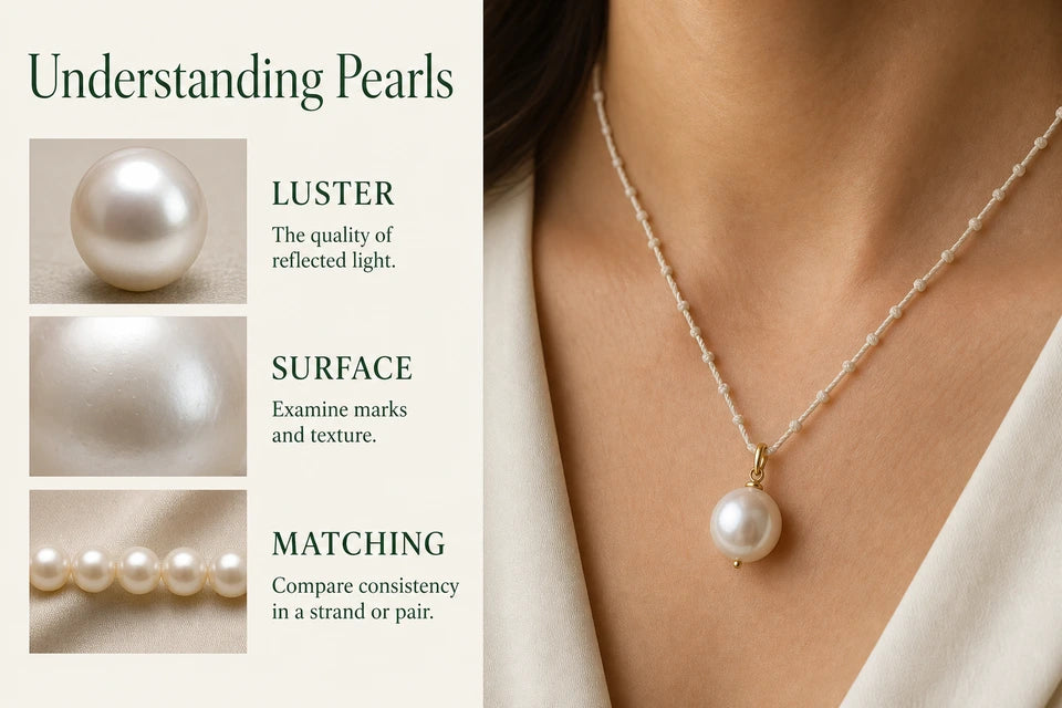 Pearl Guide: The quality of reflected light. Examine marks and texture.