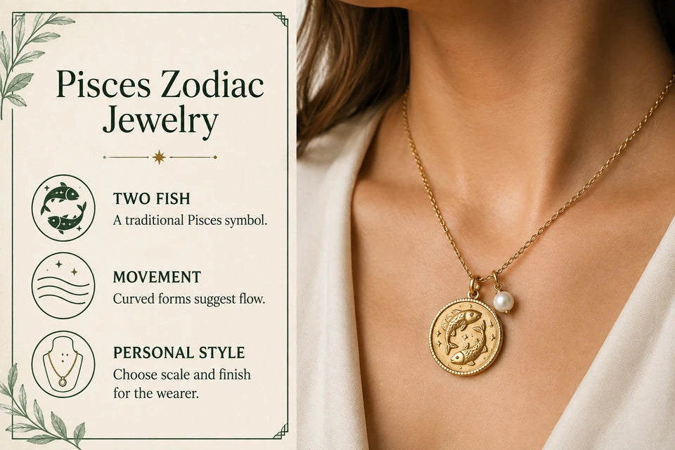 Pisces Zodiac Jewelry Guide: A traditional Pisces symbol. Curved forms suggest flow.