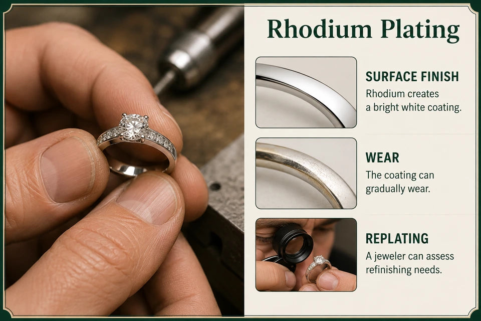 Rhodium Plating Guide: Rhodium creates a bright white coating. The coating can gradually wear.