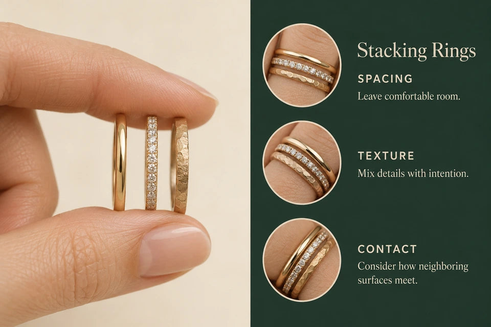 Ring Stacking Guide: Leave comfortable room. Mix details with intention.
