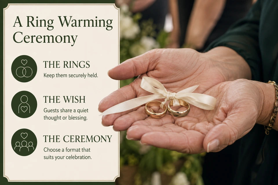 Ring Warming Ceremony: Keep them securely held. Guests share a quiet thought or blessing.