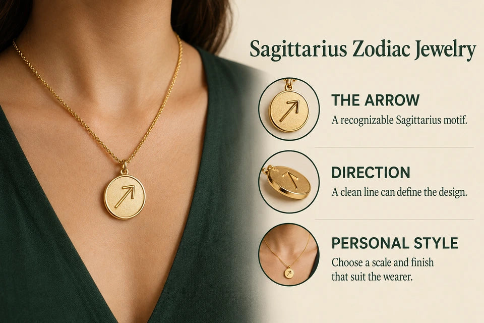 Sagittarius Zodiac Jewelry Guide: A recognizable Sagittarius motif. A clean line can define the design.