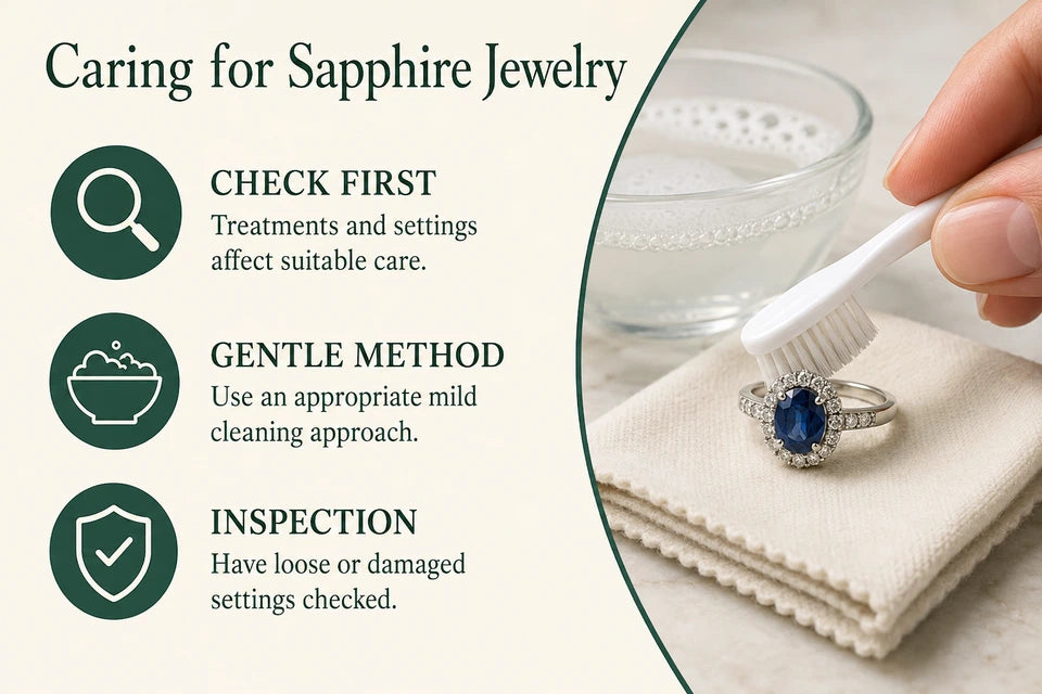 Sapphire Cleaning: Treatments and settings affect suitable care. Use an appropriate mild cleaning approach.