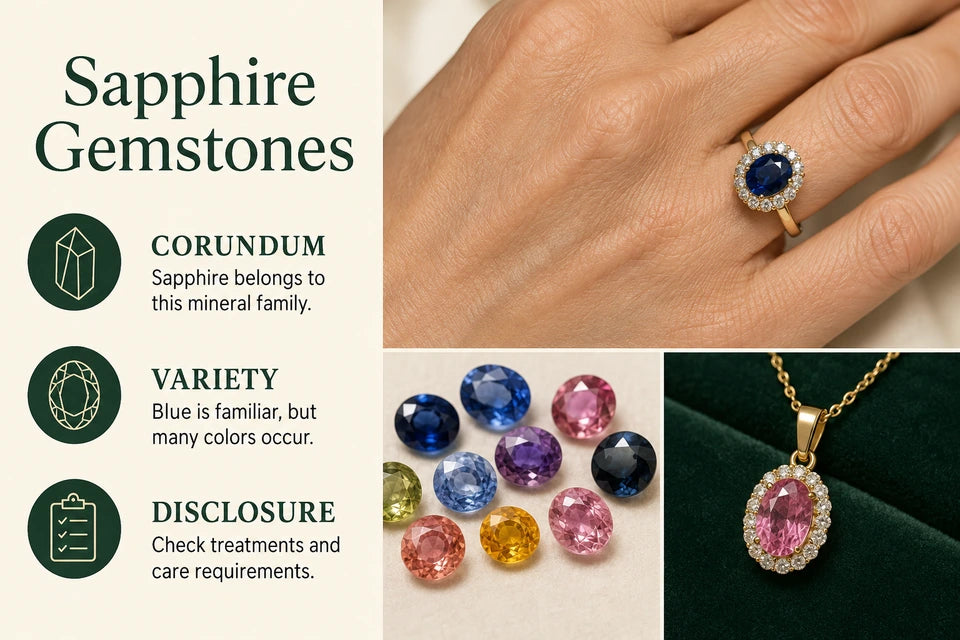 Sapphire Guide: Sapphire belongs to this mineral family. Blue is familiar, but many colors occur.