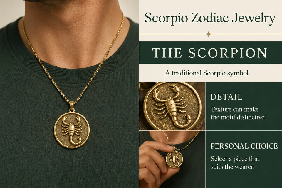 Scorpio Zodiac Jewelry Guide: A traditional Scorpio symbol. Texture can make the motif distinctive.