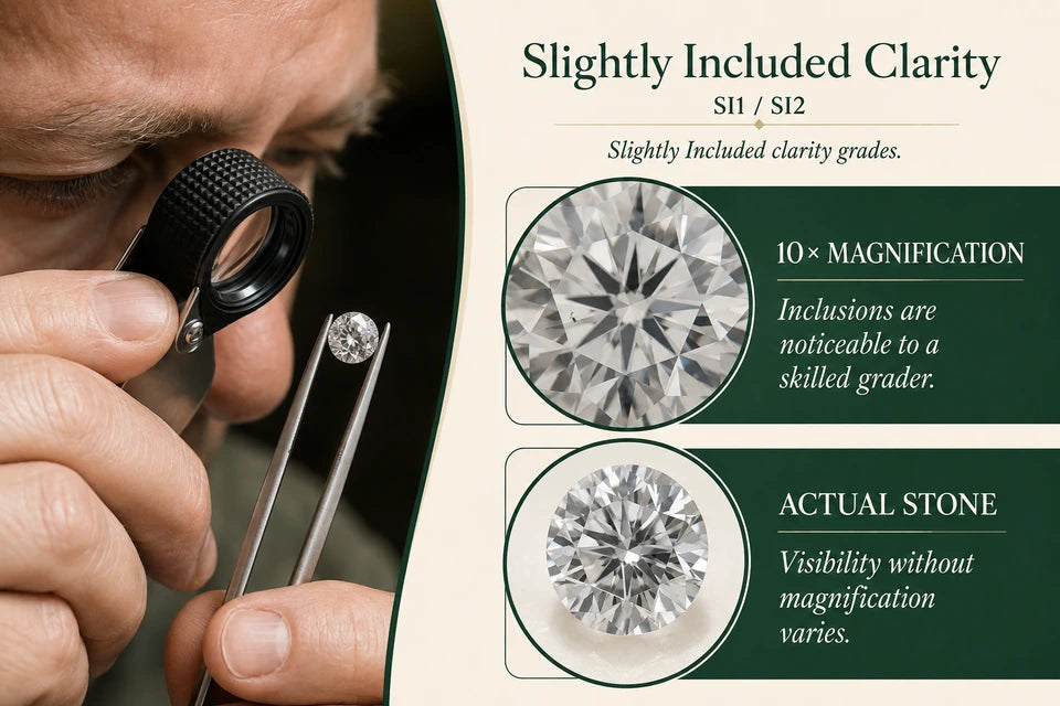 Slightly Included (SI) Diamond Clarity Guide: Slightly Included clarity grades. Inclusions are noticeable to a skilled grader.