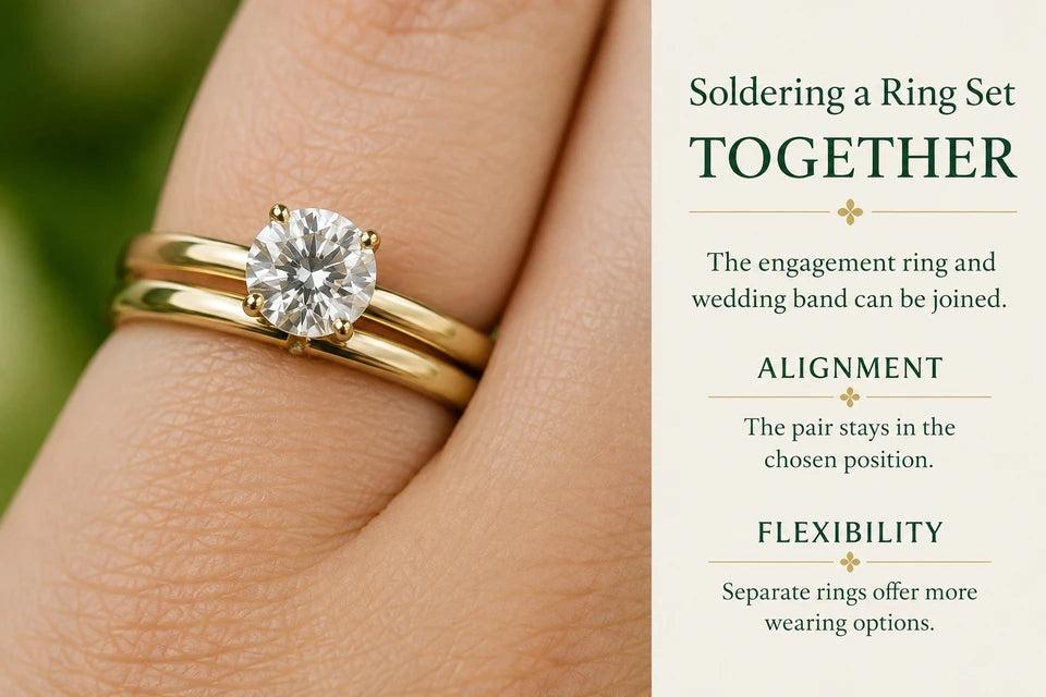 Soldered Rings: Pros, Cons, & Alternatives: The engagement ring and wedding band can be joined. The pair stays in the chosen position.