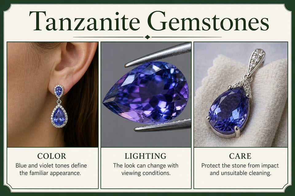 Tanzanite Guide: Blue and violet tones define the familiar appearance. The look can change with viewing conditions.