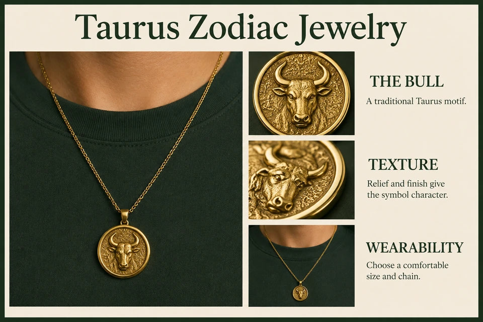 Taurus Zodiac Jewelry Guide: A traditional Taurus motif. Relief and finish give the symbol character.
