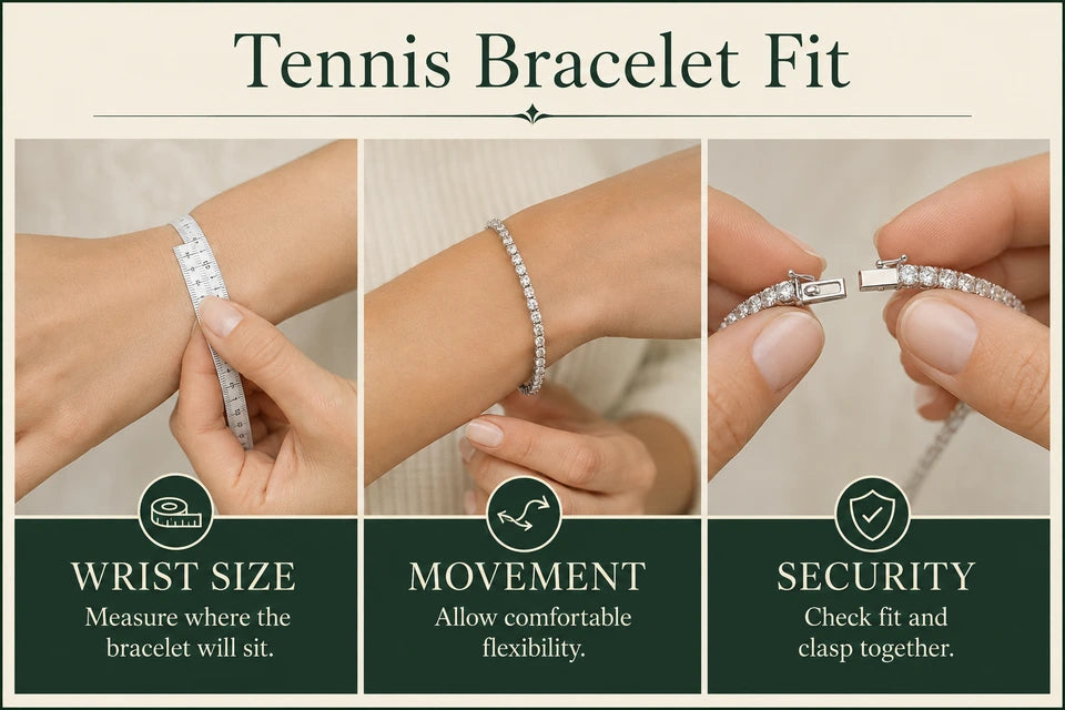Tennis Bracelet Size Guide: Measure where the bracelet will sit. Allow comfortable flexibility.