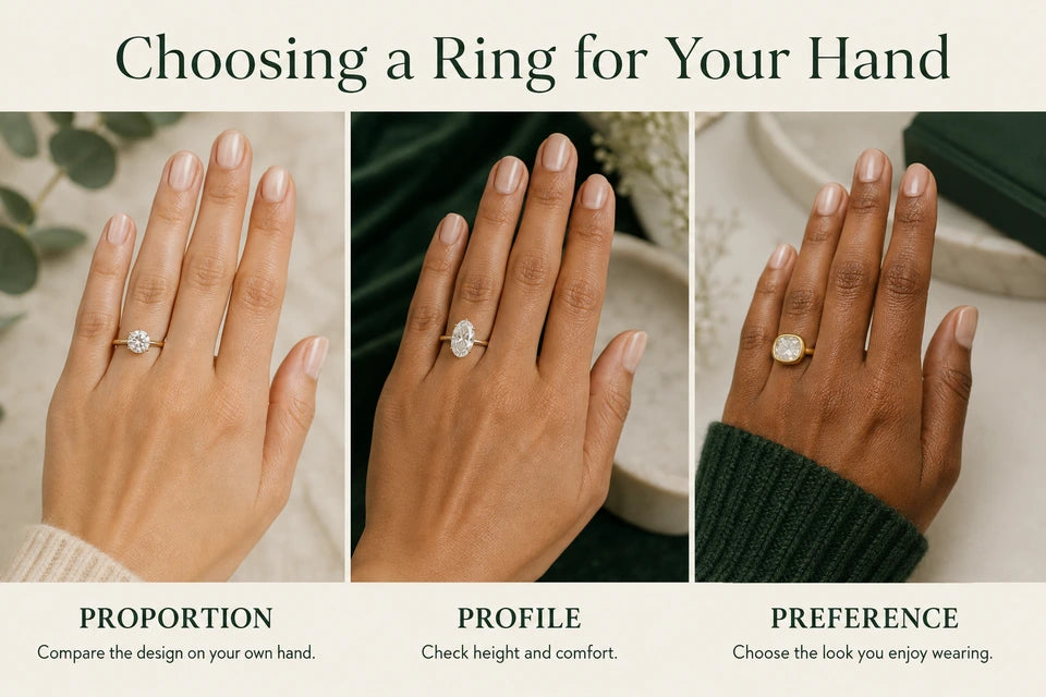The Best Engagement Rings to Suit Your Hand: Compare the design on your own hand. Check height and comfort.