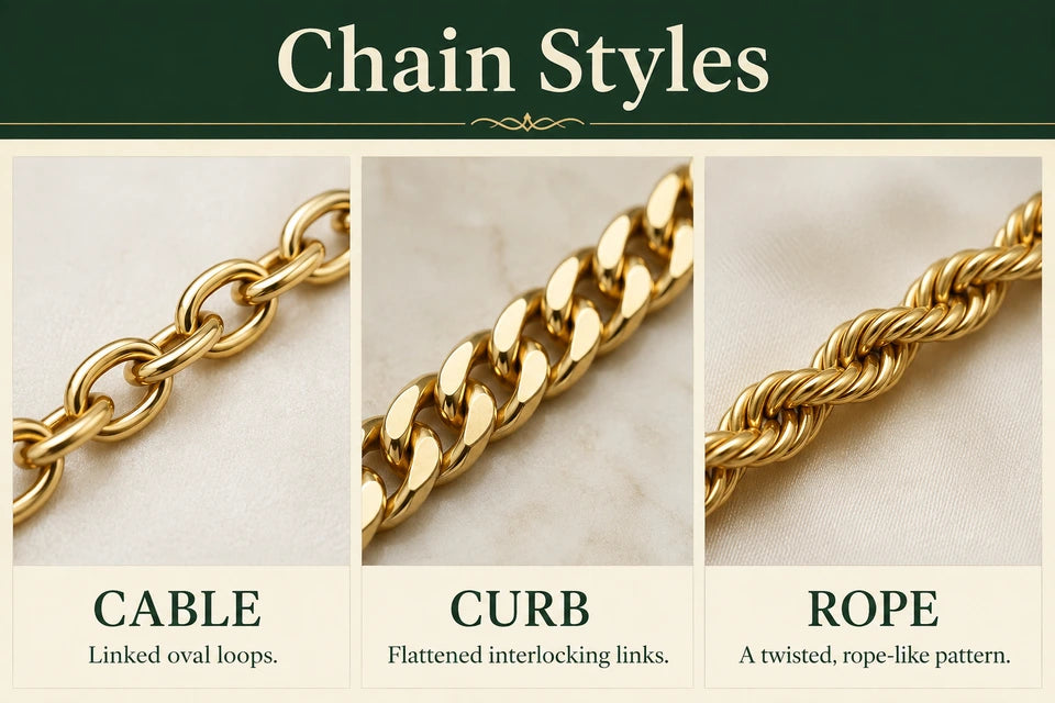 Types of Chains: Linked oval loops. Flattened interlocking links.