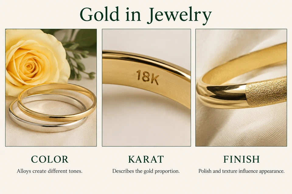 Types of Gold: Alloys create different tones. Describes the gold proportion.