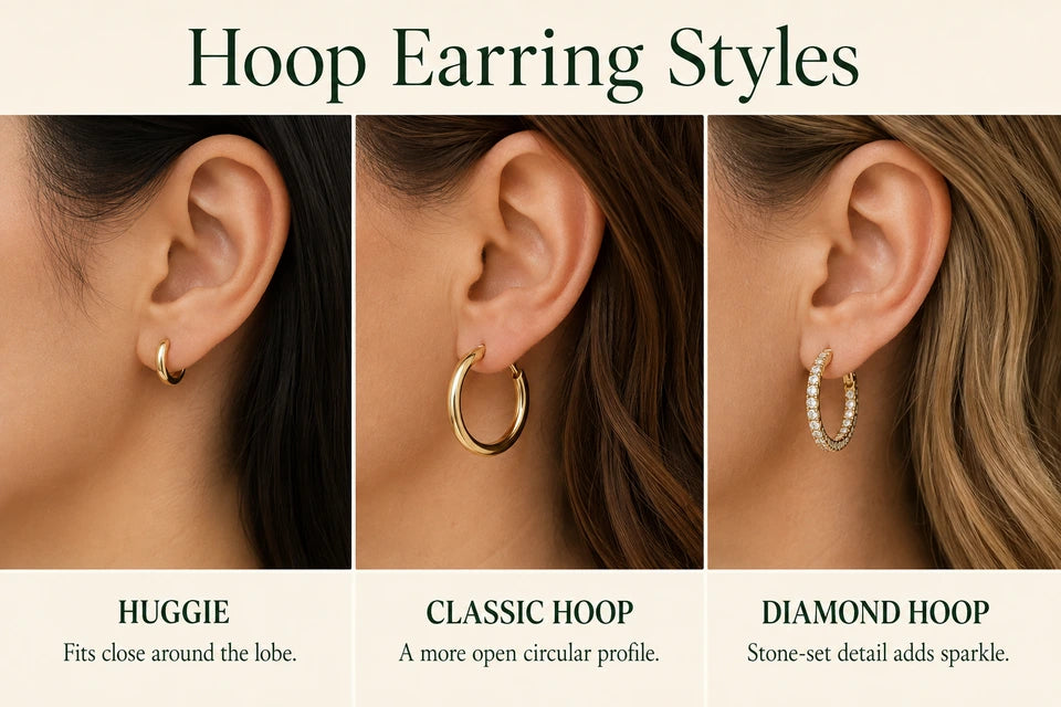 Types of Hoop Earrings: Fits close around the lobe. A more open circular profile.