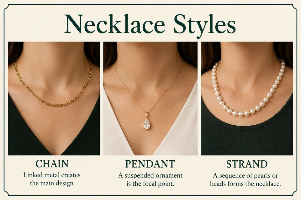 Types of Necklaces: Linked metal creates the main design. A suspended ornament is the focal point.