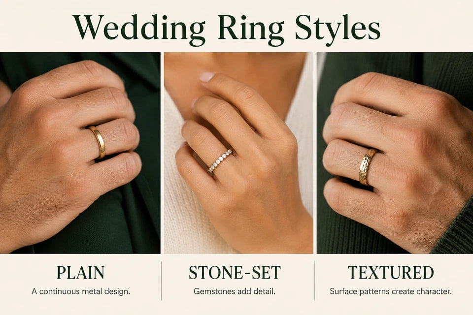 Types of Wedding Rings: A continuous metal design. Gemstones add detail.