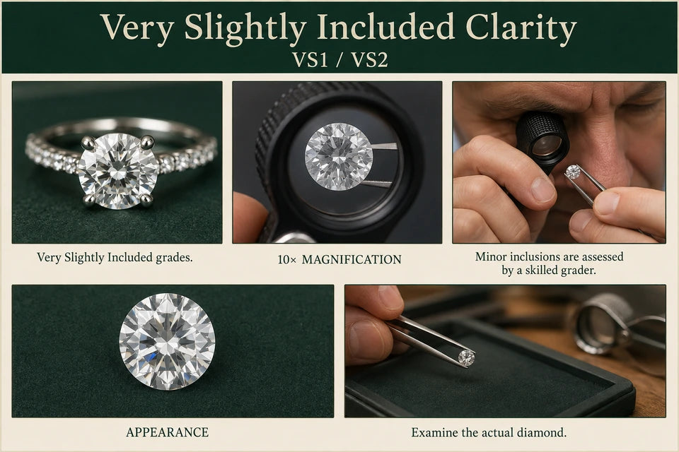Very Slightly Included (VS) Diamond Clarity Guide: Very Slightly Included grades. Minor inclusions are assessed by a skilled grader.