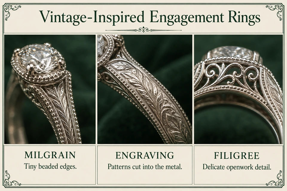 Vintage Style Engagement Rings Guide: Tiny beaded edges. Patterns cut into the metal.