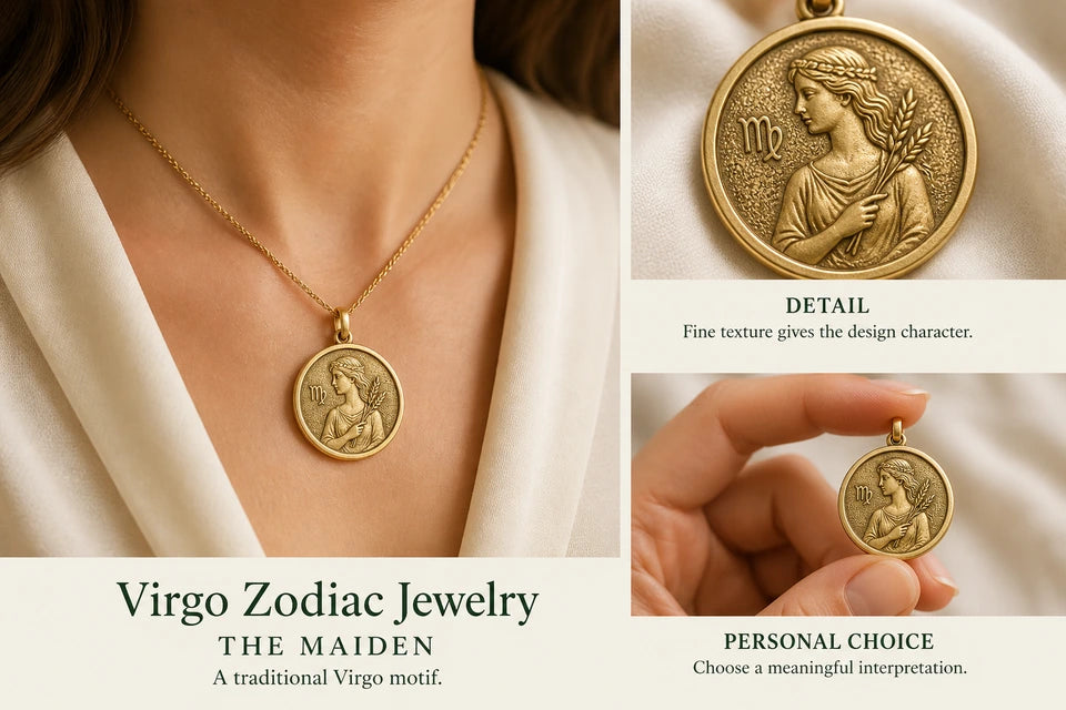 Virgo Zodiac Jewelry Guide: A traditional Virgo motif. Fine texture gives the design character.