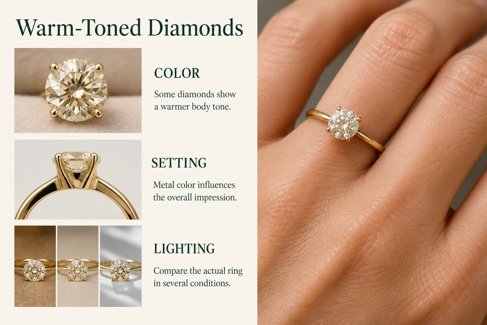 Warm Diamond Guide: Some diamonds show a warmer body tone. Metal color influences the overall impression.