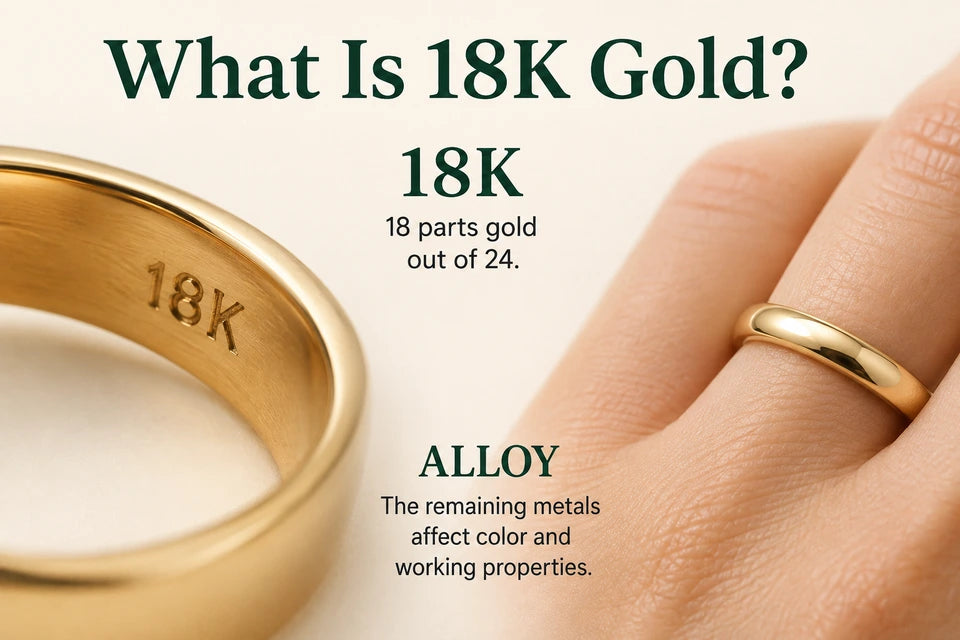 What Is 18K Gold?: 18 parts gold out of 24. The remaining metals affect color and working properties.