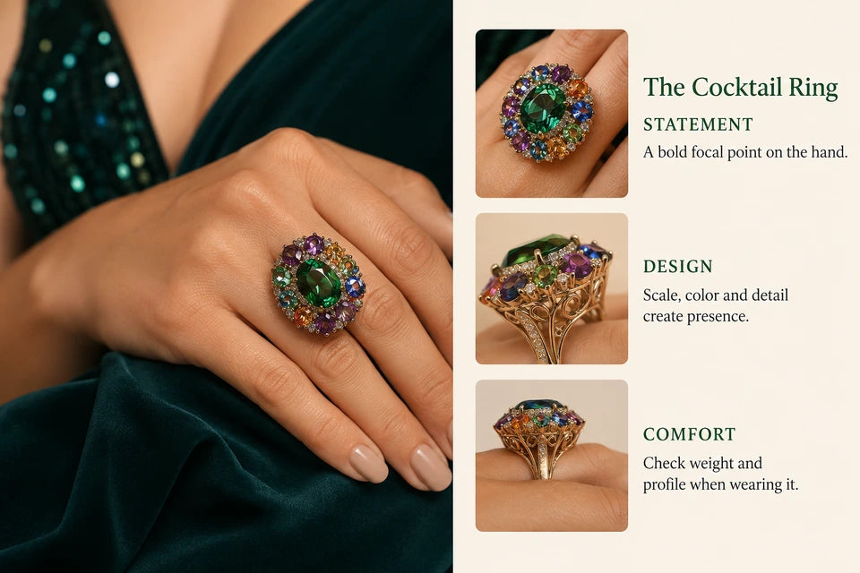 What Is a Cocktail Ring?: A bold focal point on the hand. Scale, color and detail create presence.