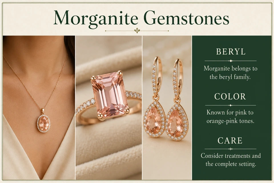 What Is Morganite?: Morganite belongs to the beryl family. Known for pink to orange-pink tones.