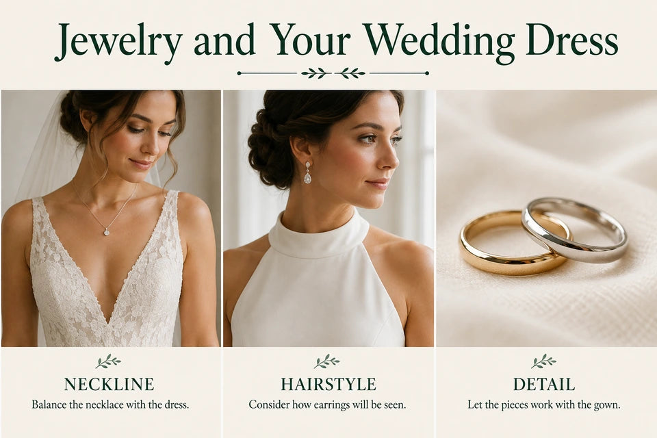 What Jewelry to Wear with Your Wedding Dress: Balance the necklace with the dress. Consider how earrings will be seen.