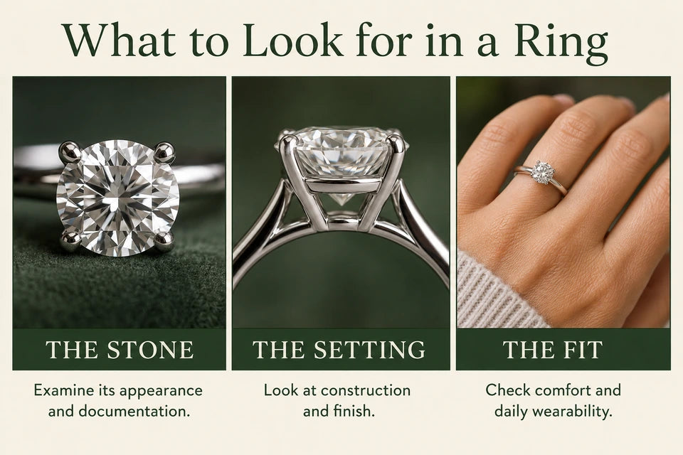 What to Look for in an Engagement Ring: Examine its appearance and documentation. Look at construction and finish.