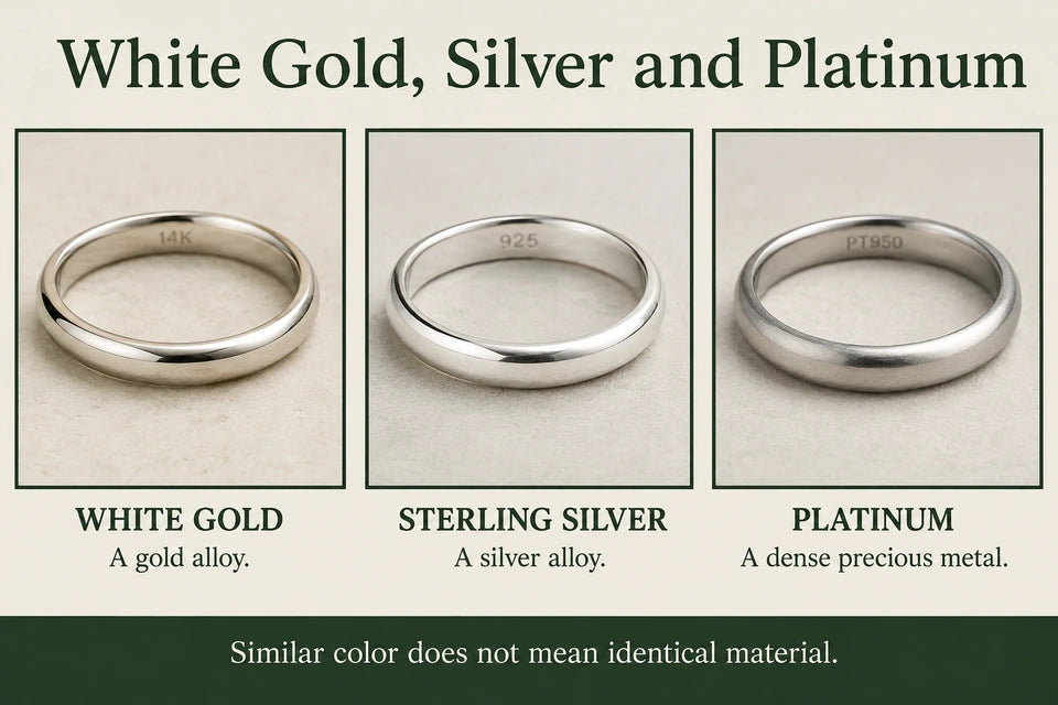 White Gold vs. Silver vs. Platinum: A gold alloy. A silver alloy.