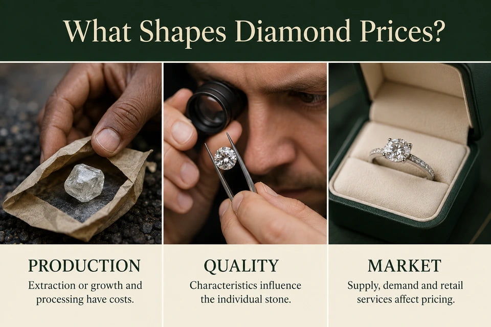 Why Are Diamonds So Expensive?: Extraction or growth and processing have costs. Characteristics influence the individual stone.