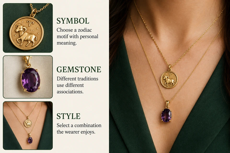 Zodiac Birthstones: Choose a zodiac motif with personal meaning. Different traditions use different associations.
