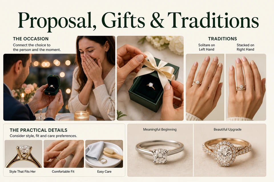 Proposal, Gifts & Traditions: Connect the choice to the person and the moment. Consider style, fit and care preferences.