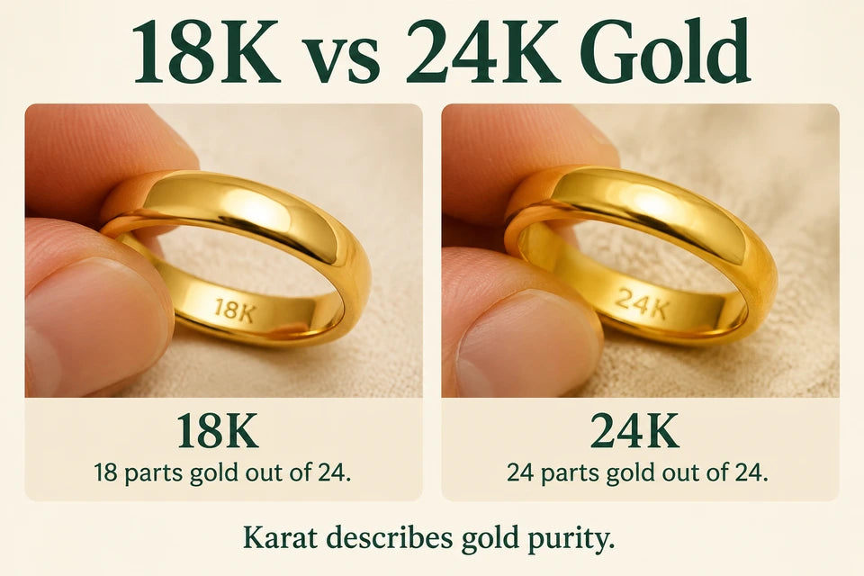 18K vs 24K Gold: 18 parts gold out of 24. 24 parts gold out of 24.