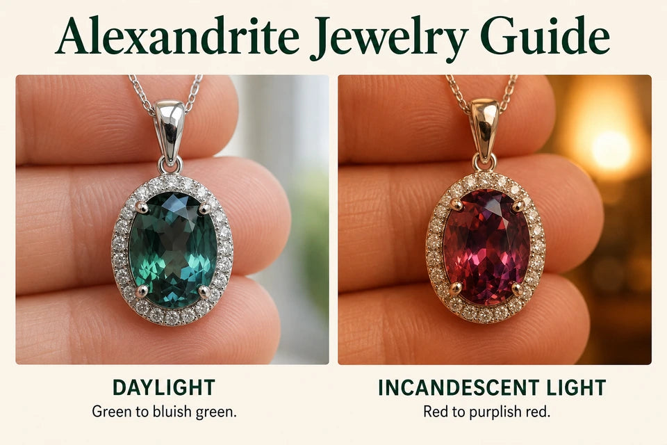 Alexandrite Jewelry Guide: Green to bluish green. Red to purplish red.