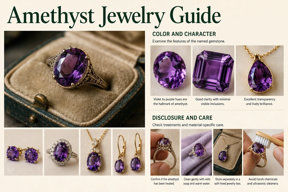 Amethyst Jewelry Guide: Examine the features of the named gemstone. Check treatments and material-specific care.