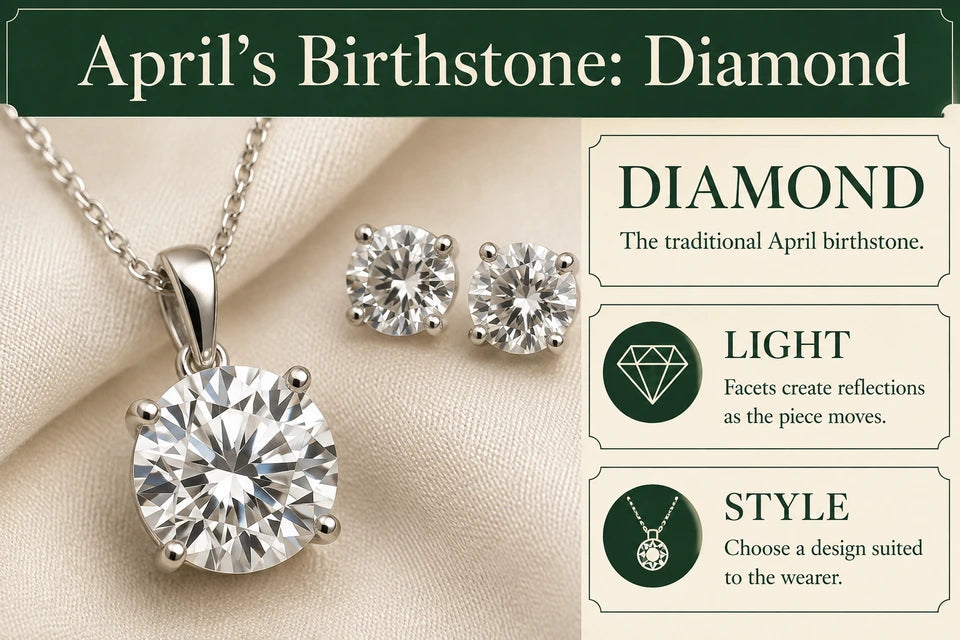 April Birthstone Guide: The traditional April birthstone. Facets create reflections as the piece moves.