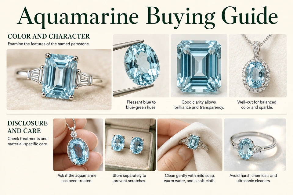 Aquamarine Buying Guide: Examine the features of the named gemstone. Check treatments and material-specific care.