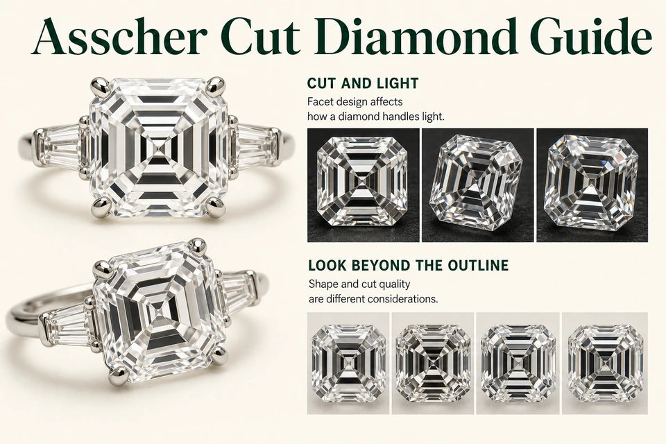 Asscher Cut Diamond Guide: Facet design affects how a diamond handles light. Shape and cut quality are different considerations.