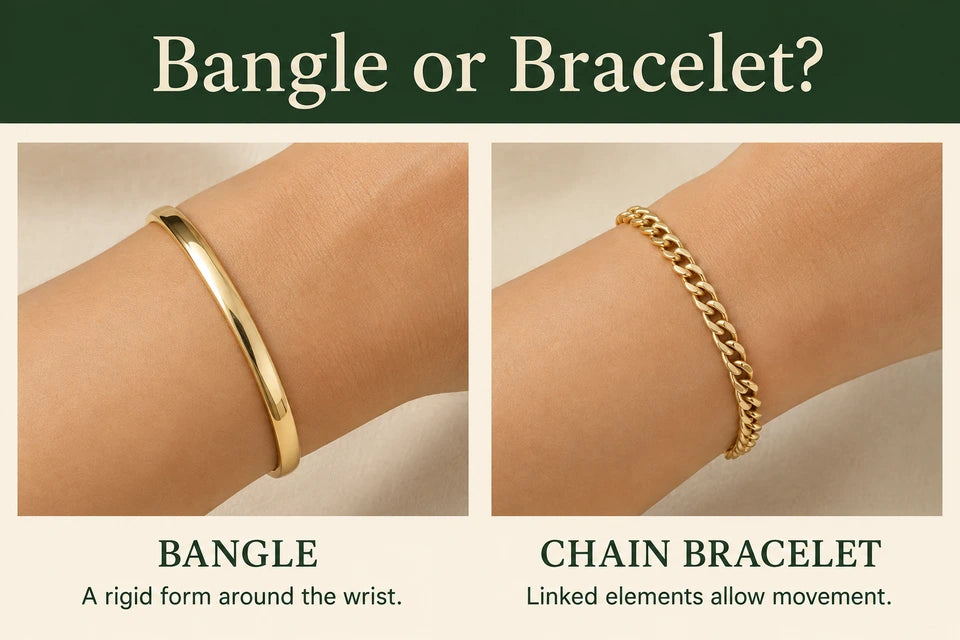 Bangle vs Bracelet Guide: A rigid form around the wrist. Linked elements allow movement.