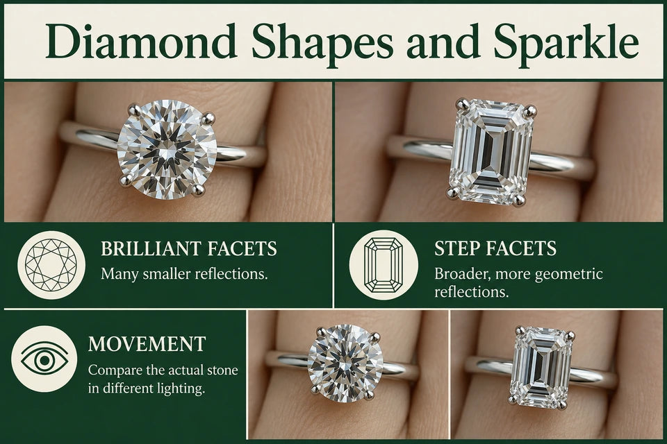 Best Diamond Shape for Sparkle: Many smaller reflections. Broader, more geometric reflections.