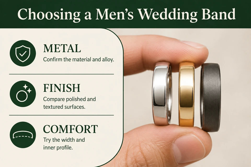 Best Metals for Men's Wedding Bands: Confirm the material and alloy. Compare polished and textured surfaces.
