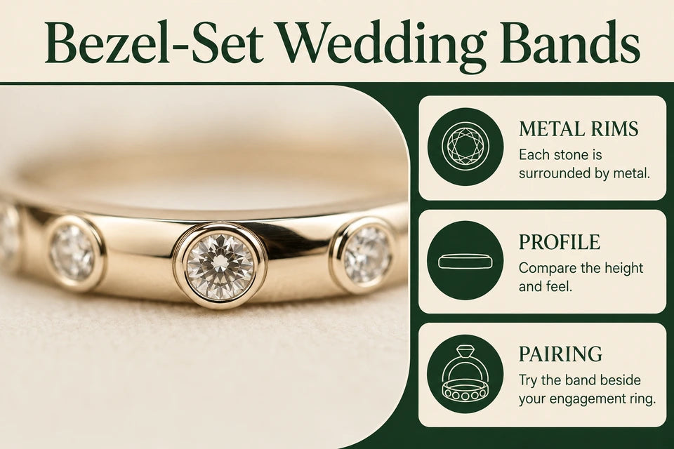 Bezel Wedding Band Guide: Each stone is surrounded by metal. Compare the height and feel.
