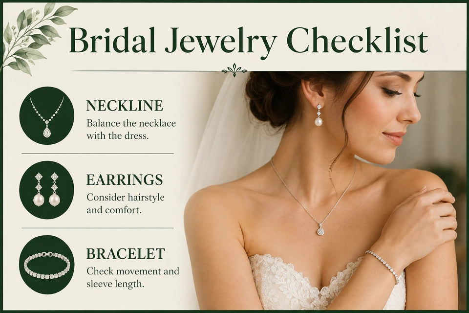 Bridal Jewelry Checklist: Balance the necklace with the dress. Consider hairstyle and comfort.