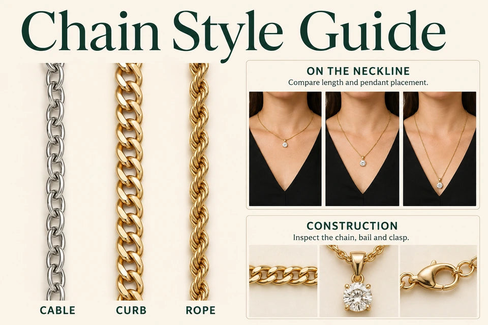 Chain Style Guide: Compare length and pendant placement. Inspect the chain, bail and clasp.