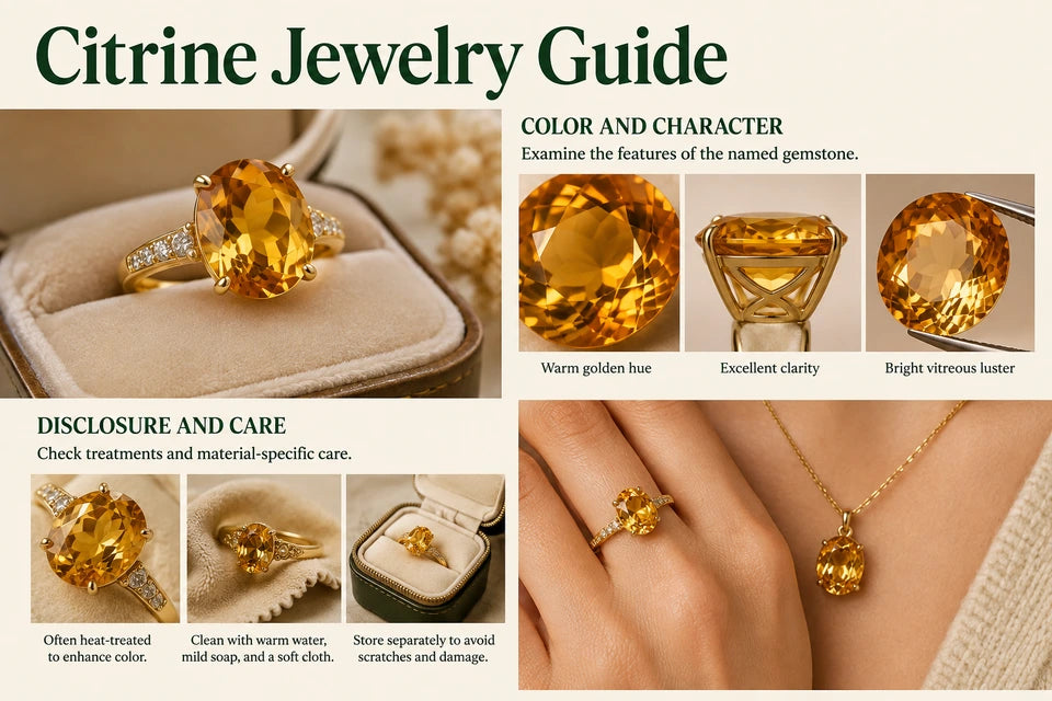 Citrine Jewelry Guide: Examine the features of the named gemstone. Check treatments and material-specific care.