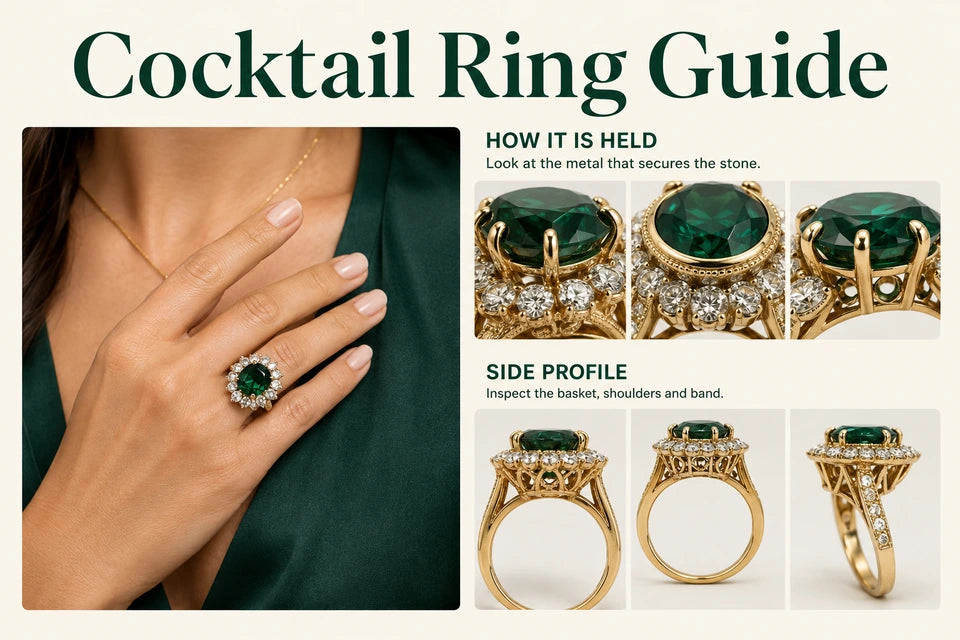 Cocktail Ring Guide: Look at the metal that secures the stone. Inspect the basket, shoulders and band.