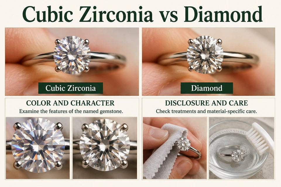 Cubic Zirconia vs Diamond: Examine the features of the named gemstone. Check treatments and material-specific care.
