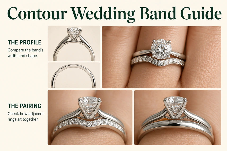 Contour Wedding Band Guide: Compare the band’s width and shape. Check how adjacent rings sit together.