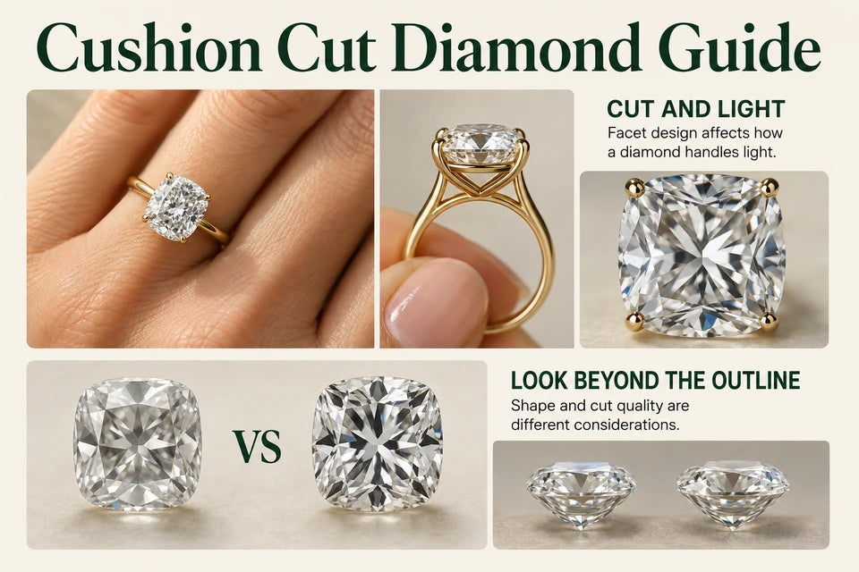 Cushion Cut Diamond Guide: Facet design affects how a diamond handles light. Shape and cut quality are different considerations.